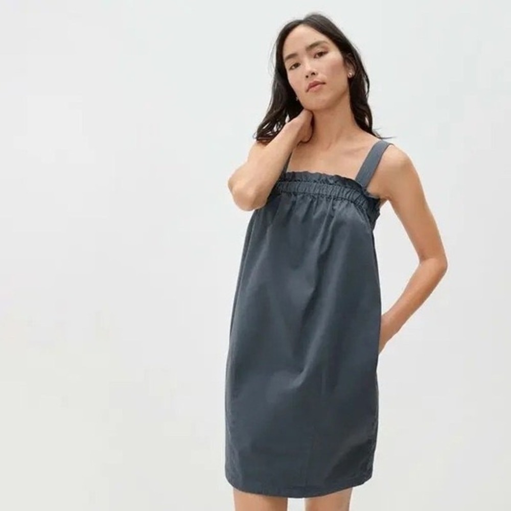 Everlane Paperbag Dress Sz XS Dark Slate Cotton Square Neck Pockets Chic Coastal